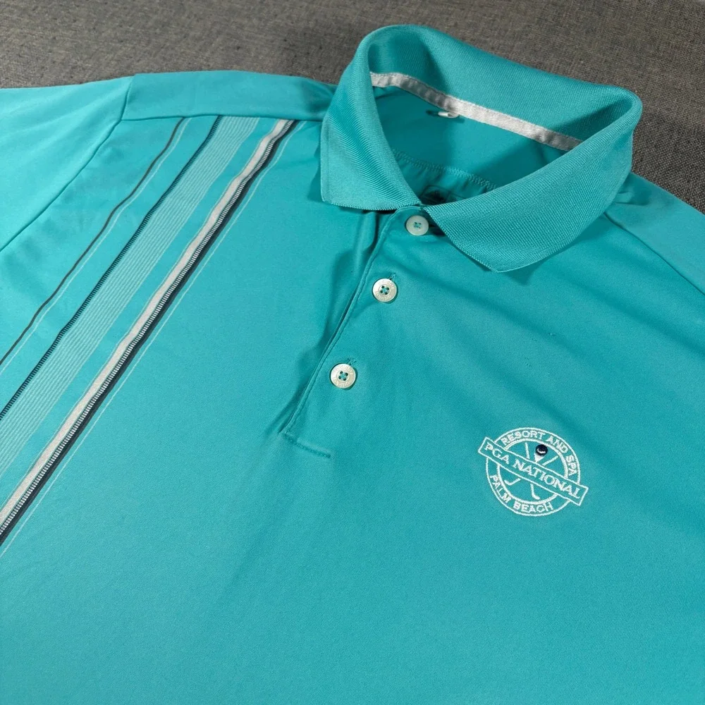 Adidas Polo Shirt Mens Medium Teal PGA‎ National Resort ClimaCool Striped Golf